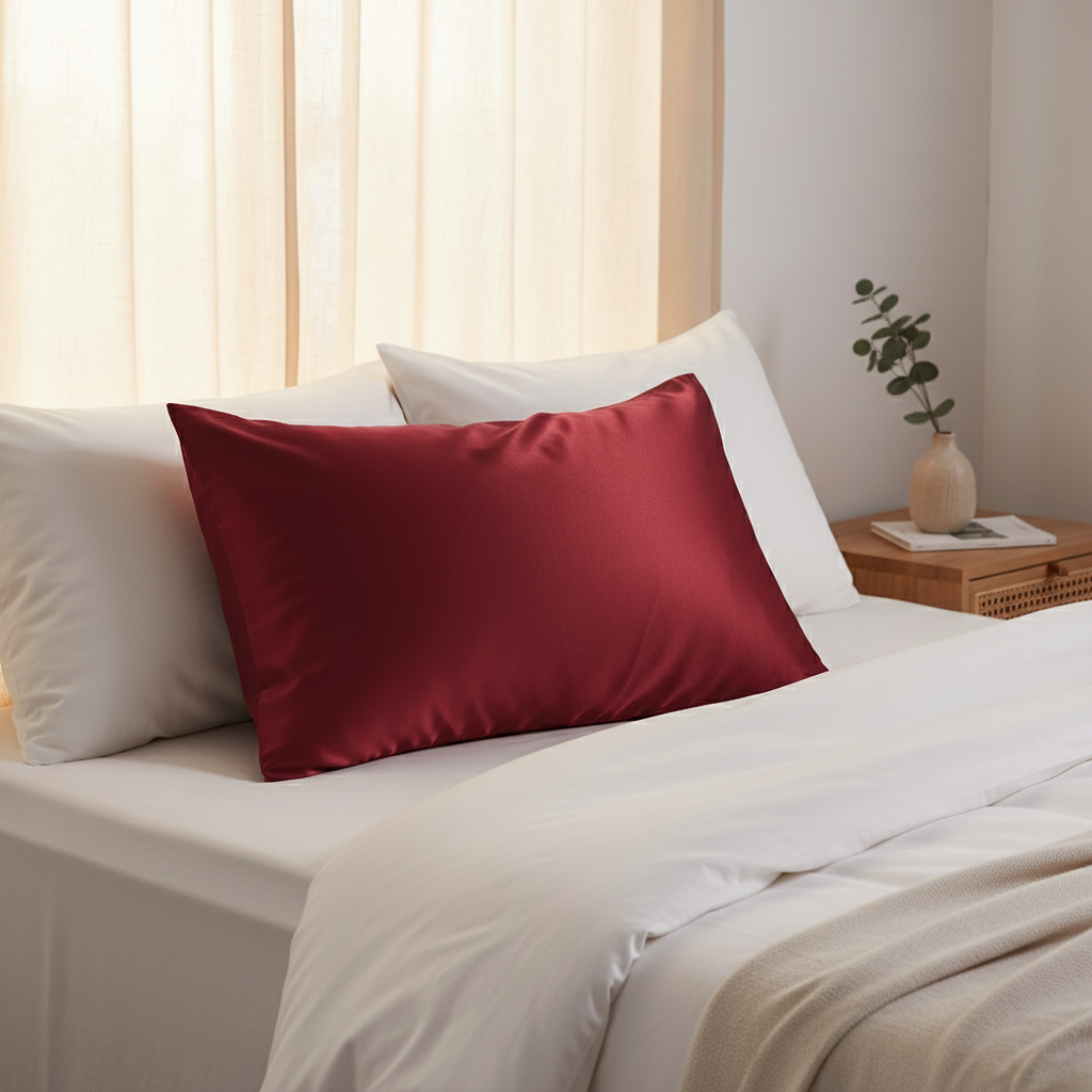 Red Silk Pillow Case in luxurious bedroom setting